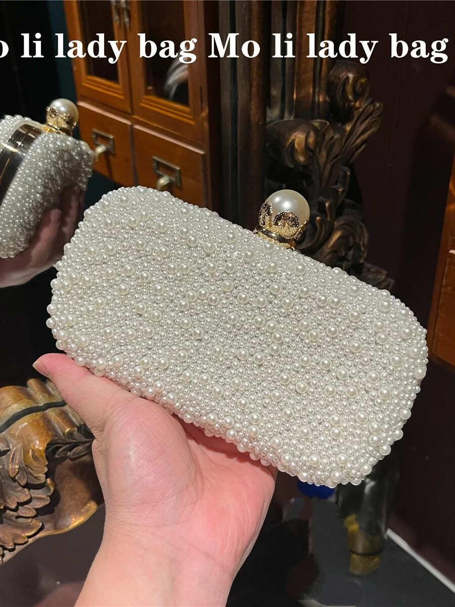 

MoLi Retro Pearl Handbag Women's Clutch Beaded Crystal Evening Bag Handheld Dinner Party Dress Bag Small round Bag