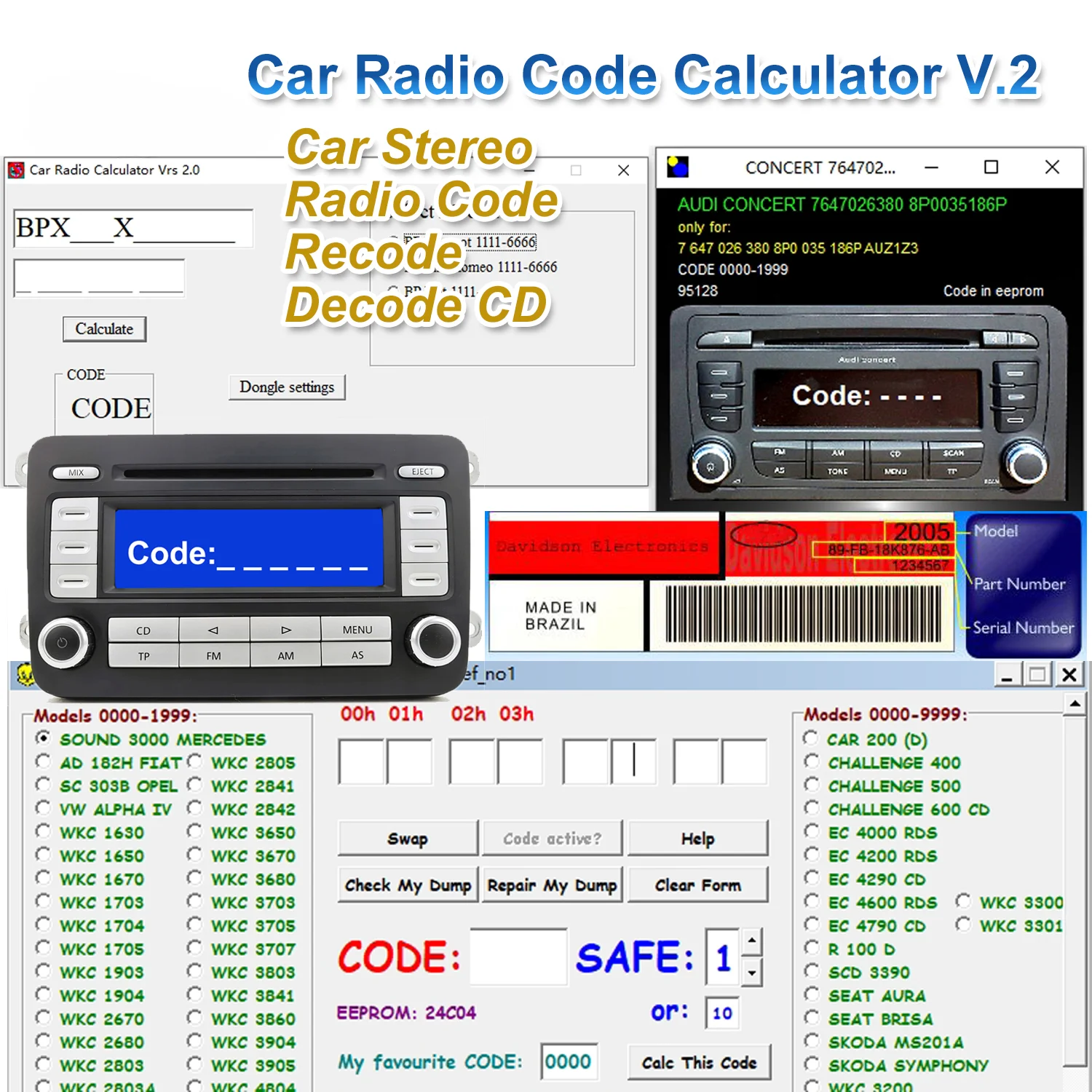 Car Radio Code Calculator V.2.0 Unlock Car Radio Code Car Stereo/Radio Code/Recode/Decode CD Over 170pcs Code for VW/Ford/Becker