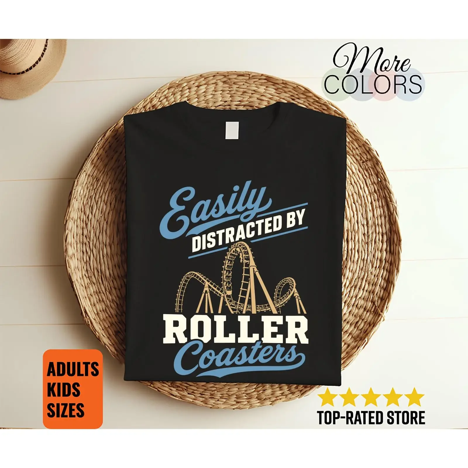 Easily Distracted By Roller Coasters T Shirt Funny Theme Park Thrill Seeker Amusement Ride Lover Vintage Top vintage Washed