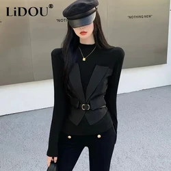 Autumn Winter Street Style Personality Fake Two Pieces T-shirt Female Long Sleeve Harajuku Y2K Tee Top Women Slim Waist Pullover