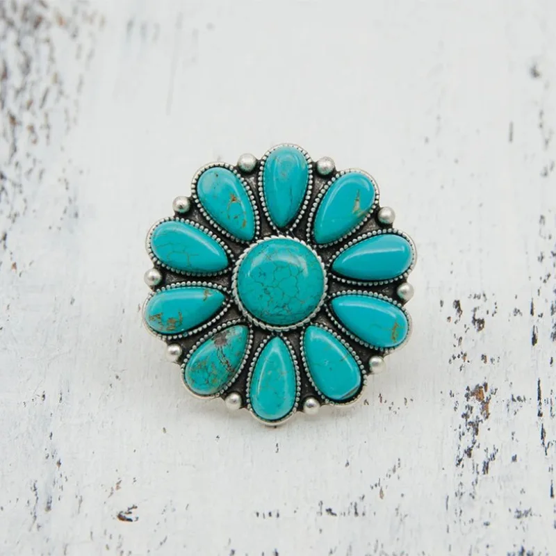 Western Jewelry Turquoise Flower Rings For Women Boho Silvertone Rings Adjustable Vintage Blue Stone Joint Knuckle Finger Rings