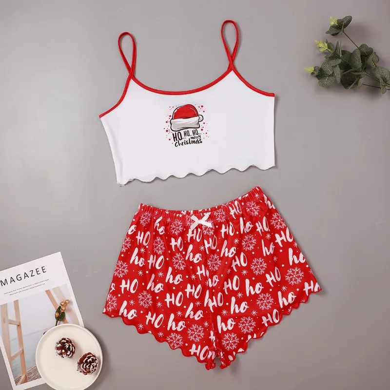 Christmas Pjs for Women Crop Tops Pj Set with Shorts Round Neck Camisole Cute Pajama Sets Halter