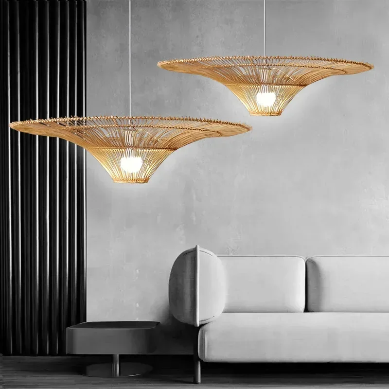 Japanese Wabi Sabi Rotundity Handmade Rattan Weaving Pendant Light Living Room Restaurant Kitchen Hanging Lamp Home Decoration