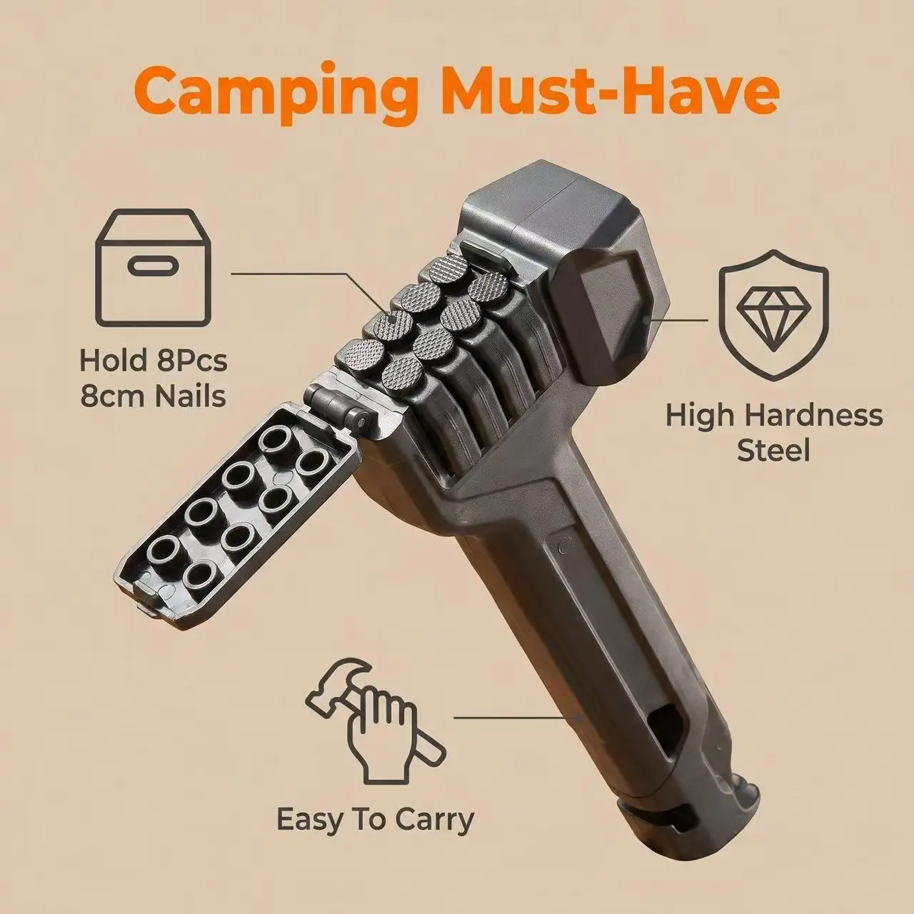 Heavy duty multifunctional hammer, including 8 original high hardness steel nails, reflective rope, and luminous ground stakes