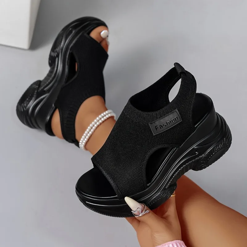 Women Fashion Platform Wedge Sandals Peep Toe Knit Mesh Breathable Lightweight Comfortable Sporty Walking Casual Outdoor Slides image 5