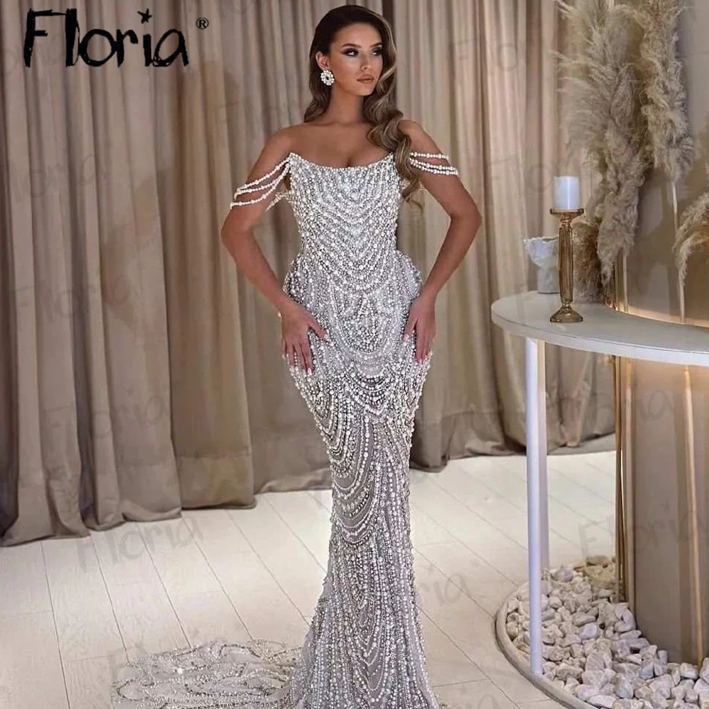 

Full Ivory Pearls Bridal Gowns Off Shoulder Long Mermaid Wedding Gowns Customize Dubai Luxury Formal Occasion Dresses for Women