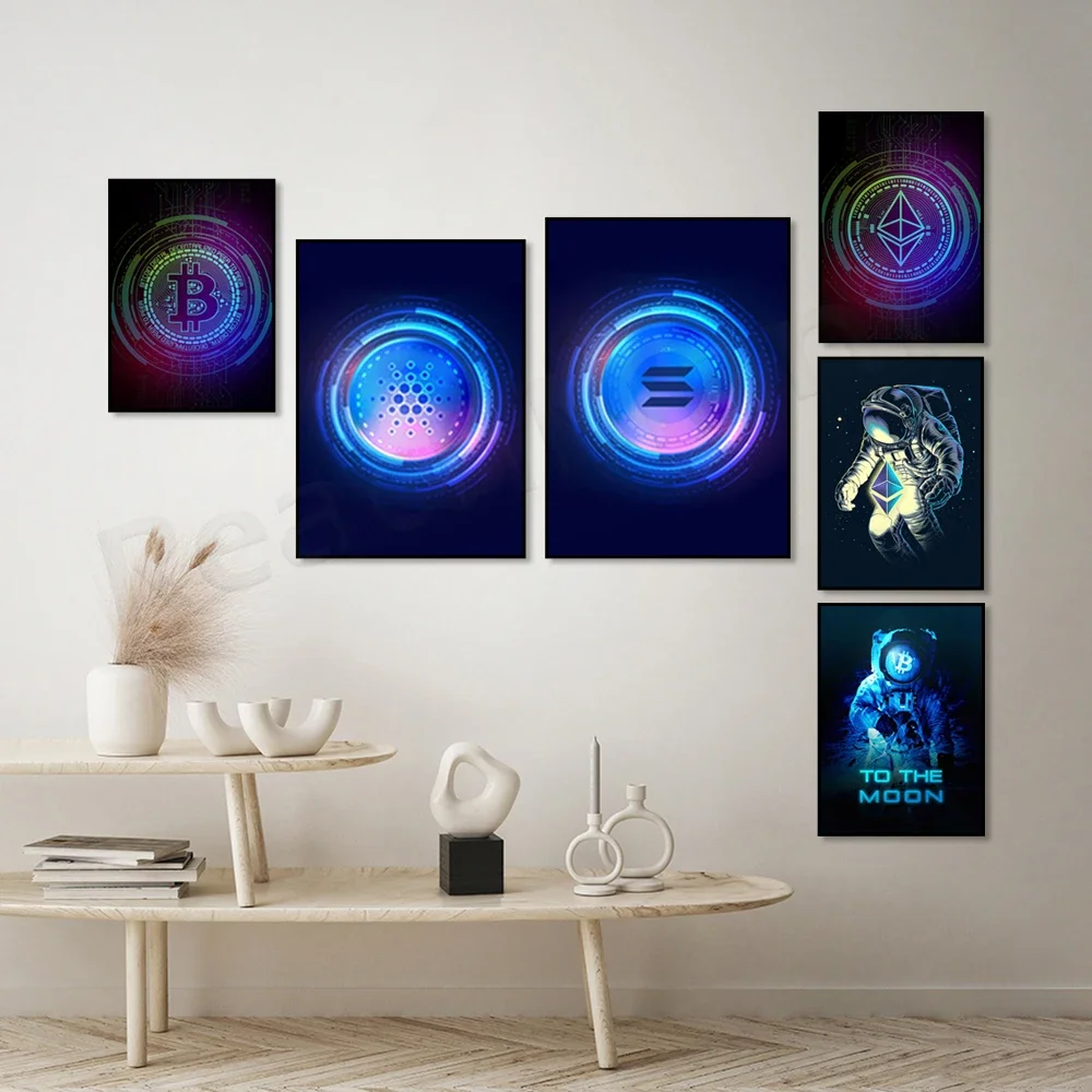 Modern abstract neon effect style bitcoin and ethereum art poster canvas painting wall print picture for living room home decor