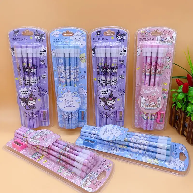 Sanrio HB Pencils 12 Pencils & 1 Pencil Roller Stationery Box Set Student Writing Drawing Kuromi HB Pencils Sketch Pens