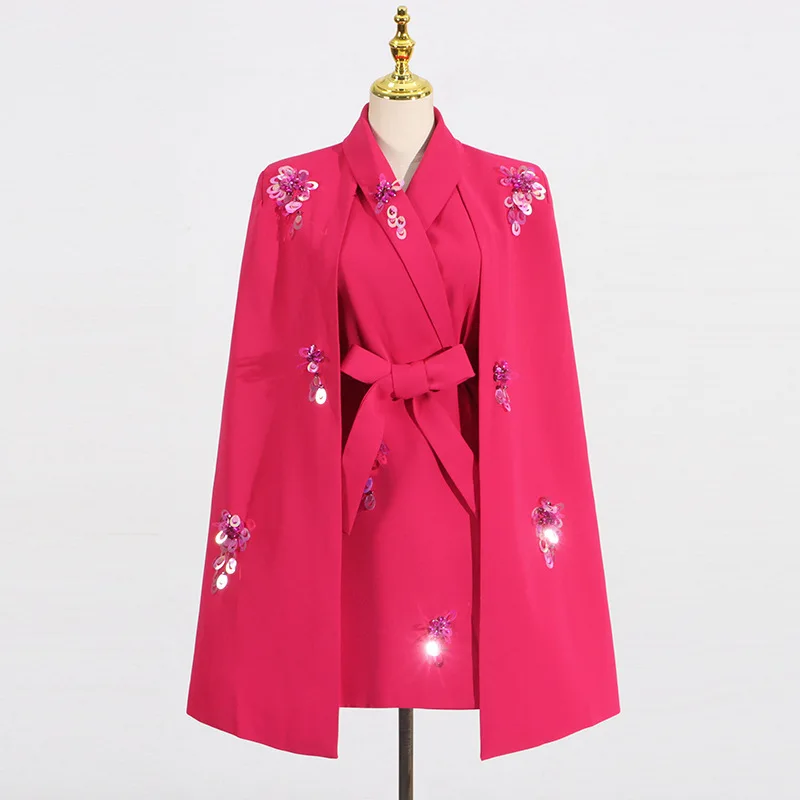 EAEOVNI Luxus Pailletten Gespleißt Design Frauen Jacke Schal Patchwork Gürtel Versammelt Taille Blazer Mantel 2025, Neue Kleidung 1A1015