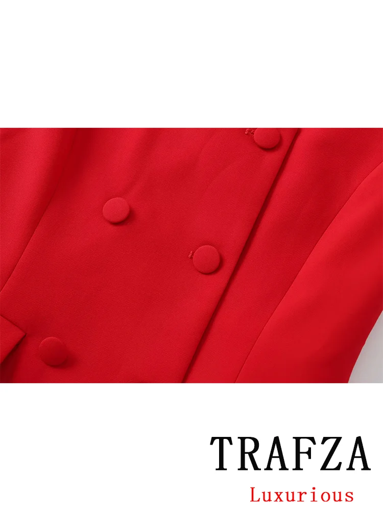 TRAFZA Vintage Office Lady Chic Red Women Suit Double Breasted Vest Straight Zipper Loose Pants New Fashion 2024 Summer Sets