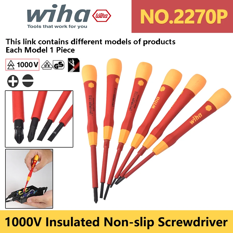 WIHA 1000V Insulated Screwdriver 1Pcs for Slotted and Phillips Screws Non-slip Handle Precision Electrician Screwdriver NO.2270P