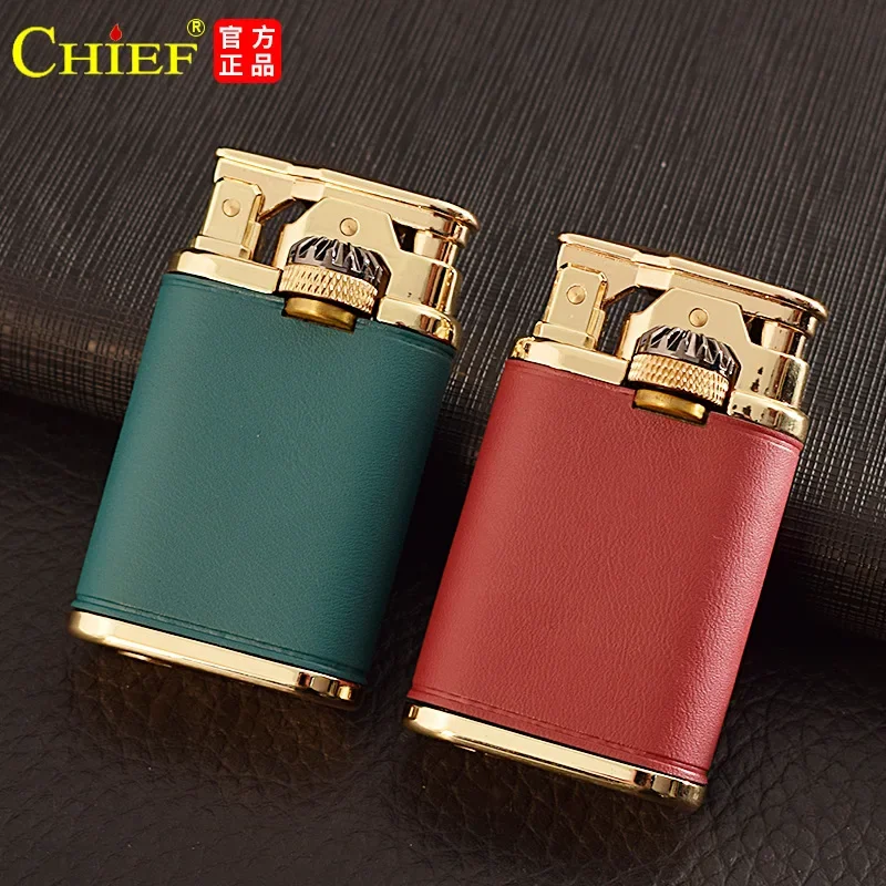 CHIEF Kerosene Lighter New Retro Leather Windproof Gear Linkage Ignition Creative Personality Gift Smoke Accesoires Gadgets Male