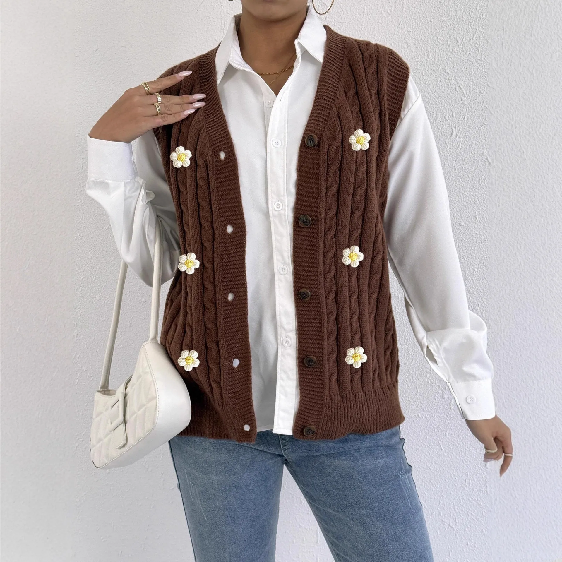 レディースニットオープンカーディガンカジュアル秋冬ファションストリートスレースレーススプライシング3Dフラワーパッチワークセーターベスト