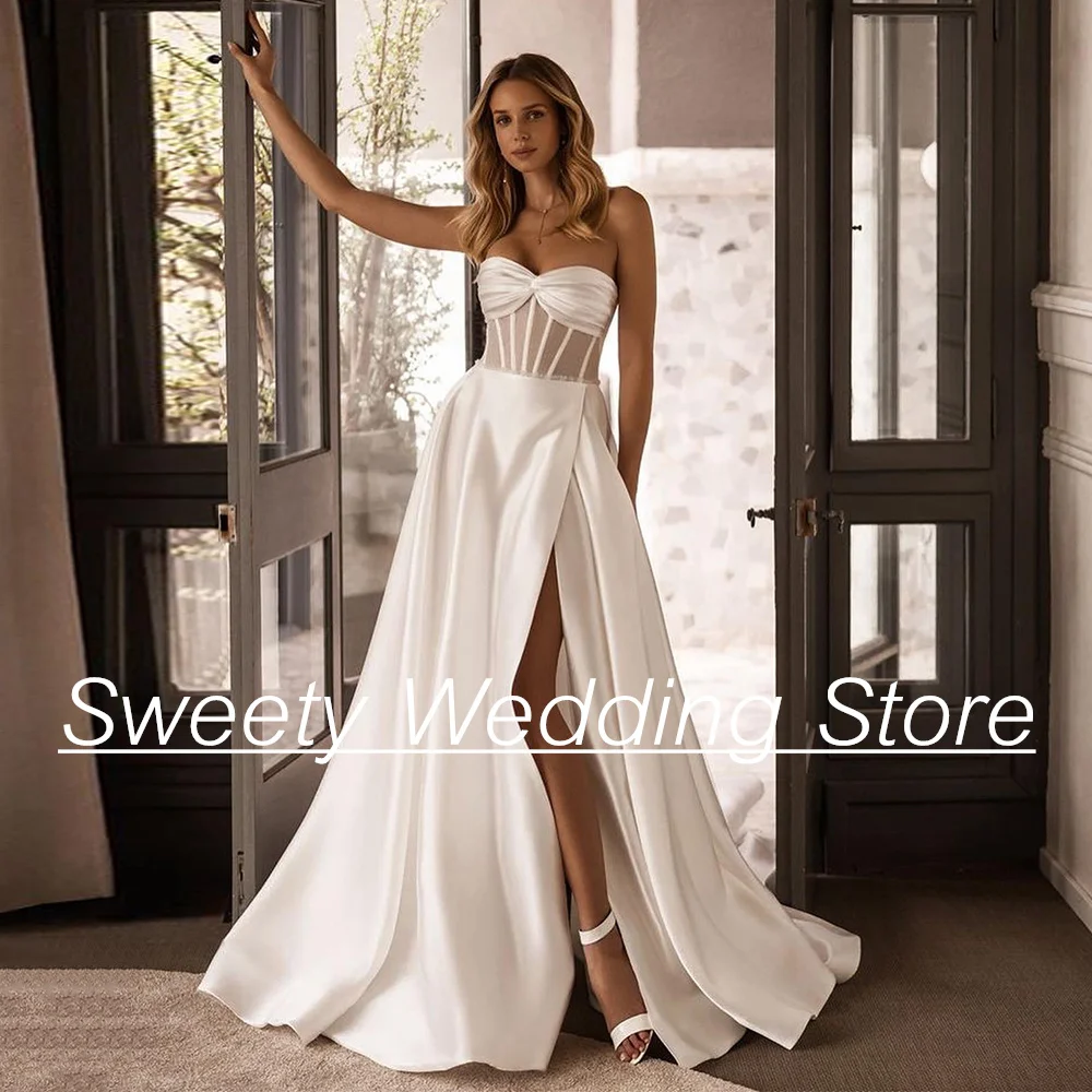 

Ivory Satin Wedding Dress Jiayigong Sexy Illusion Sweetheart Sleeveless Side Split Sweep Train Robe De Mariage Bride Dresses