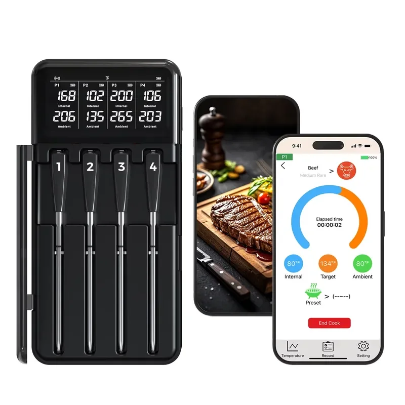 for 820FT Digital Truly Wireless Meat Thermometer with 4 Probes IP67 Waterproof Dishwasher Safe Smart BBQ Grill Bluetooth