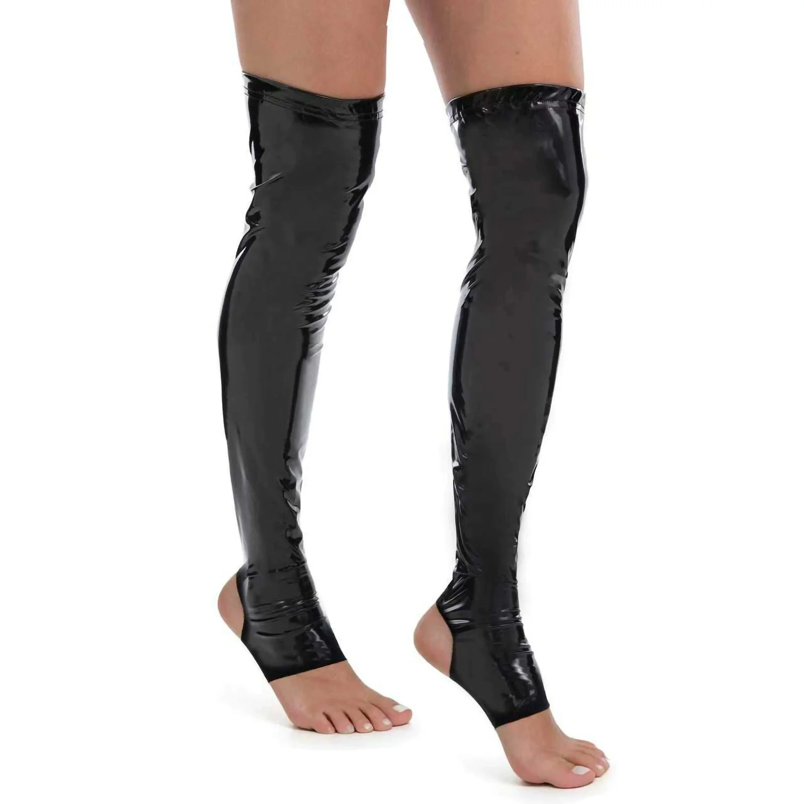 Punk Wetlook Strümpfe Sommer Mode Kunstleder Zehenfreie Strümpfe Damen Ölig Glänzende PU-Leder Party Tanz Overknee-Strümpfe