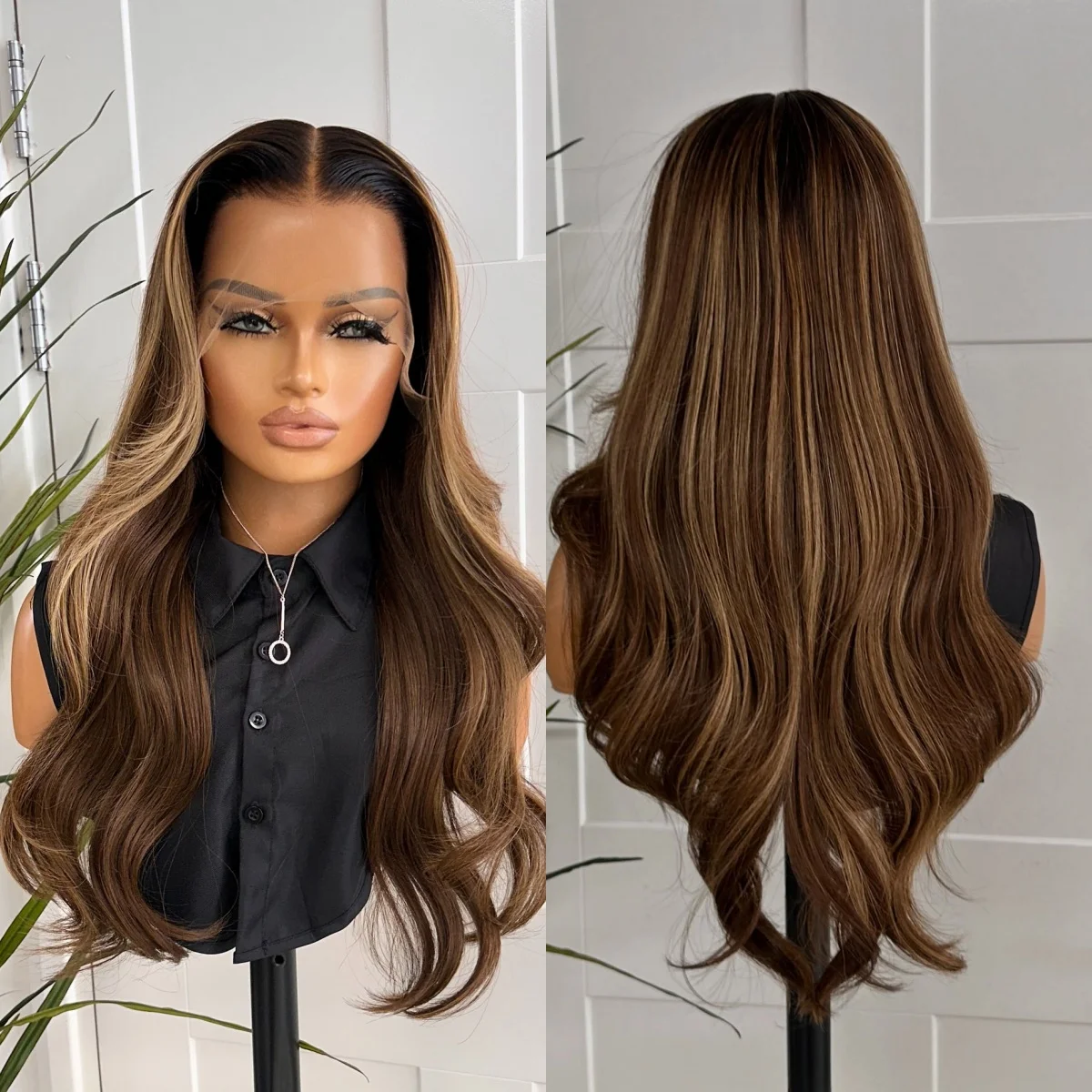 26 Inches Caramel Brown Highlight Colored Wigs 13x4 Synthetic Lace Front Wigs for Women Long Natural Body Wave Glueless Wigs