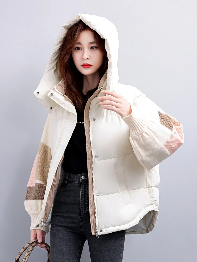 Fashion Clothes Winter 90% Duck Down Jacket Oversize Warm knitting Splicing Autumn Coat Women Casual Short Hooded Parkas 2023