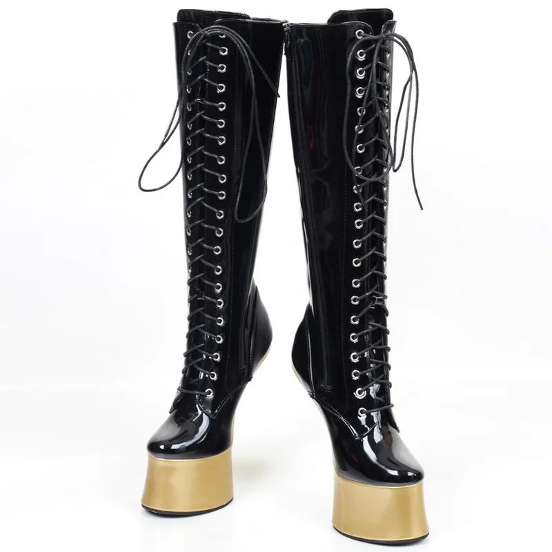 Fhc Vrouwen Ponyplay Hoge Hakken Knie Laarzen, 18Cm Unisex Cosplay Schoenen, Man Fetish Podium Show Platforms Botas, Zijrits, Vetersluiting, Zwart,