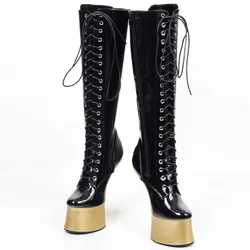 FHC Women Ponyplay High Heels Knee Boots,18cm Unisex Cosplay Shoes,Man Fetish Stage Show Platforms Botas,Side Zip,Lace-Up,Black,