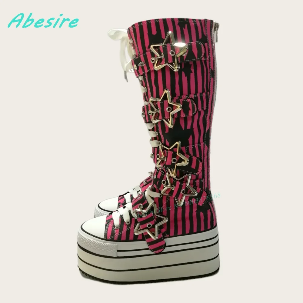 Round Toe Platform Red and Black Stripe Women's Boots Star-Shaped Belt Buckle Knee High Boots Cute Lace Up Tank Sole Shoes 2026 view 4