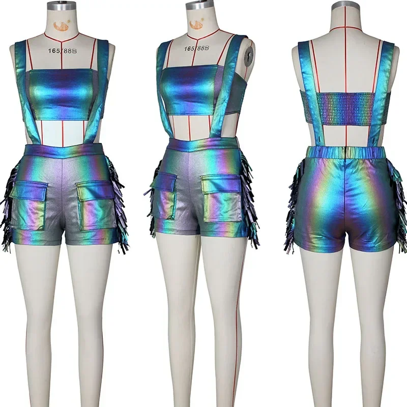 Metallic Two Piece Set for Women Y2K Clothes Club Birthday Outfits Strapless Crop Top and Shorts Overalls Ensemble Short Femme