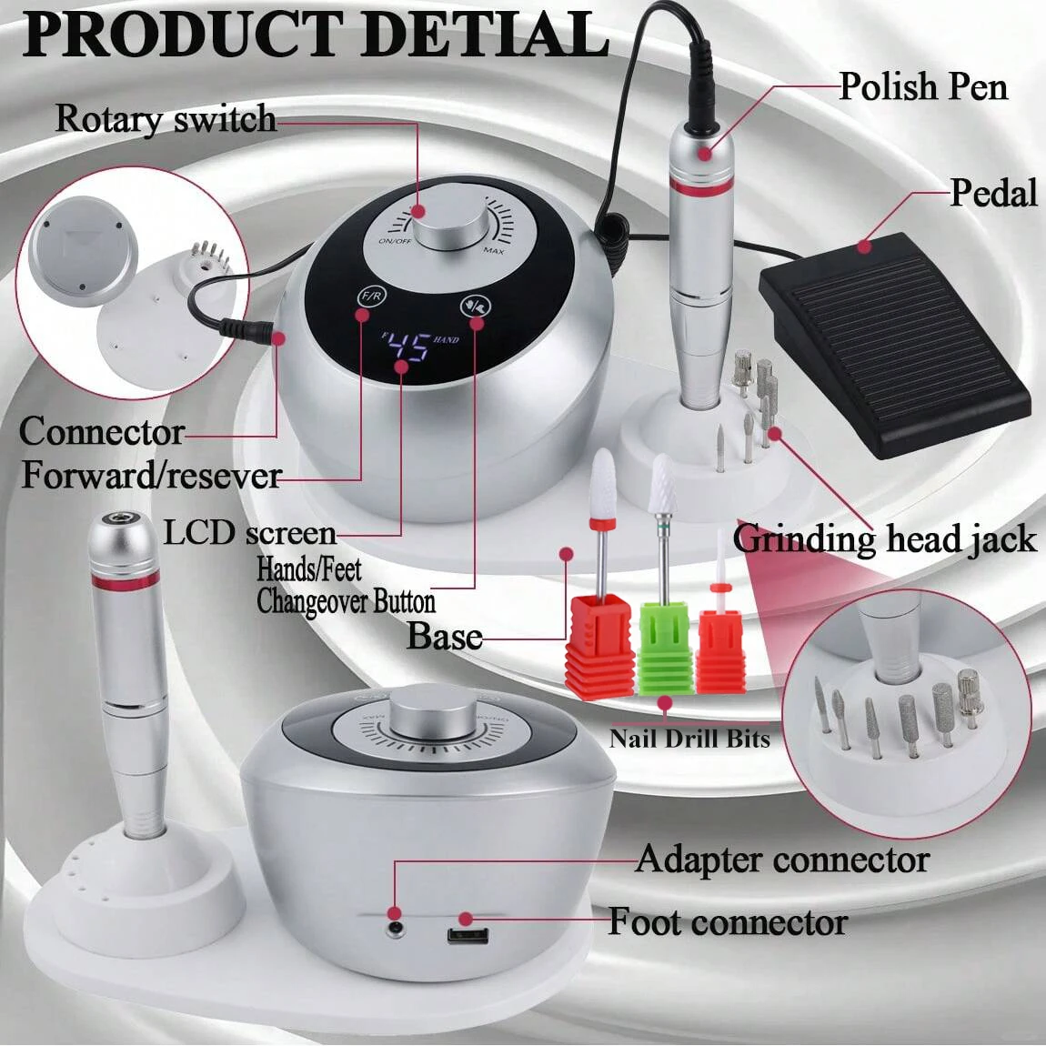 45000 دورة في الدقيقة المهنية الكهربائية مسمار الحفر آلة أظافر منخفضة الضوضاء الأظافر ساندر مجموعة صالون الأظافر الملمع أدوات المعدات #3