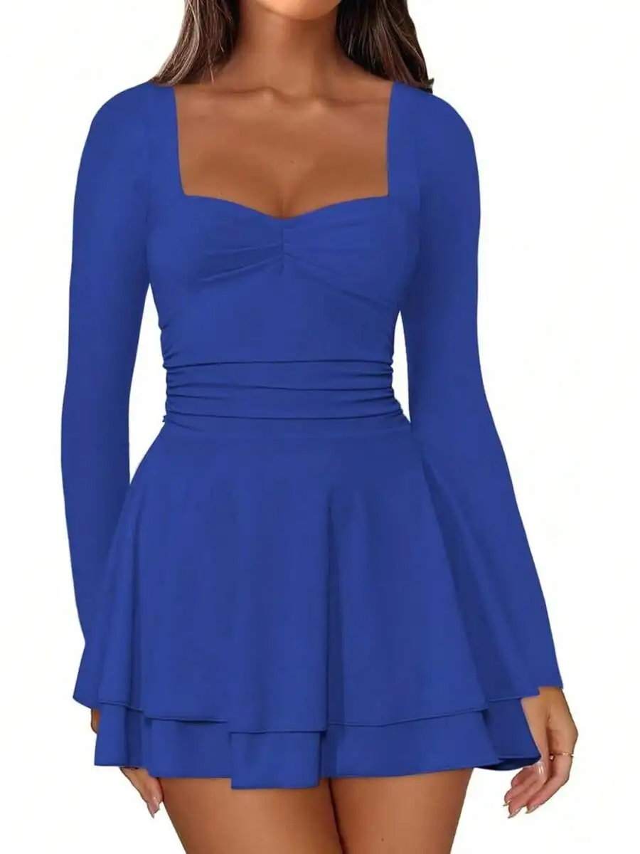 

Women Square Neck Long Sleeve Mini Dress Ruched Waist Tiered Ruffle Hem A-Line Party Cocktail Dress