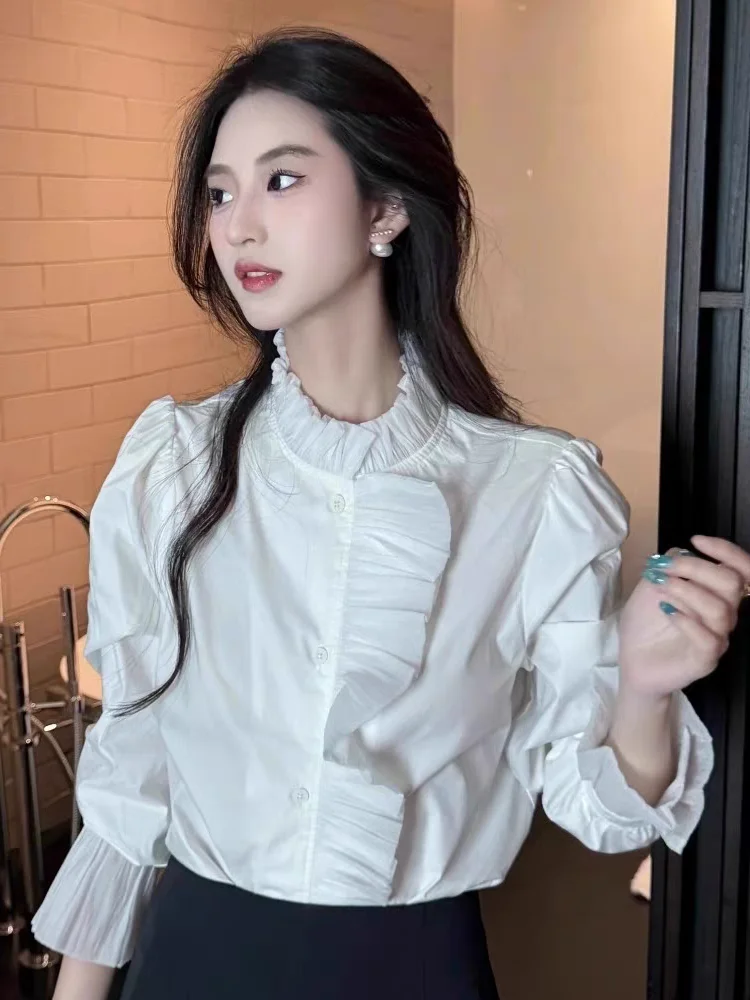 Herbst Weiß Stehkragen Pendler Hemd frauen Spitze Essbare Baum Pilz Bluse High-end-Top Damen Winter innere Shirts Neue