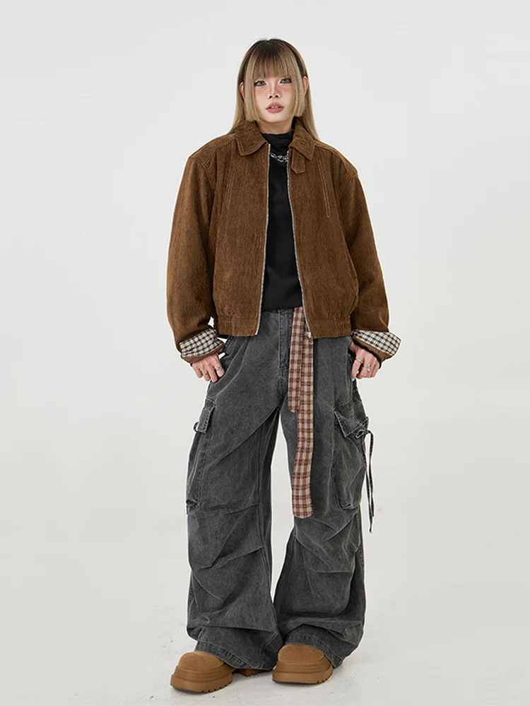 Retro American Brown Faux Suede Harrington Jaet Loose Casual Outerwear for Couples Trendy Polyester Blend Long Sve