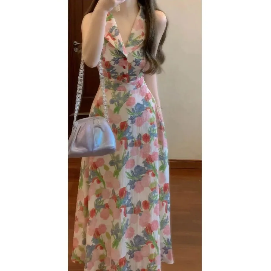 

【New style】European and French romantic elegant rose print waist dress waist waist wide swing floral shirt-style long dress new