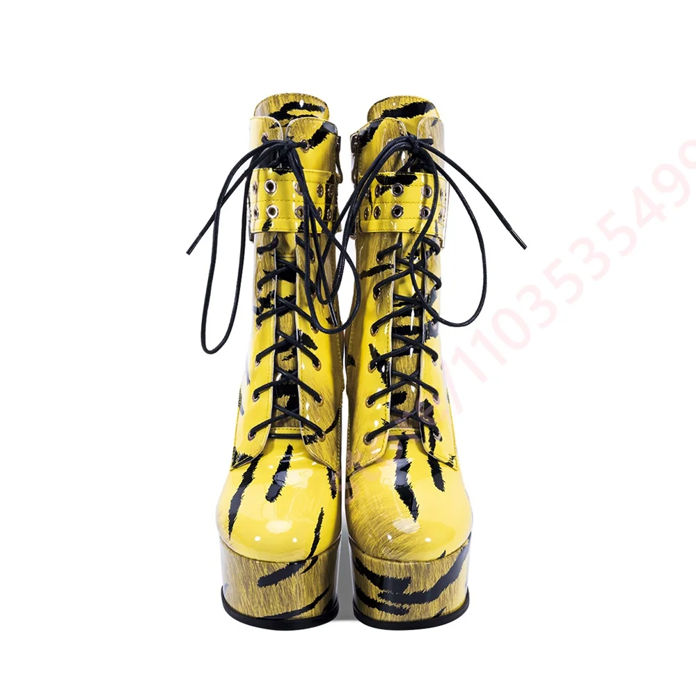 Women Yellow Tiger Print Platform Ankle Boots 2026 Round Toe Lace‑Up Side Zipper Buckle Strap Stiletto Fashion Club Party Shoes