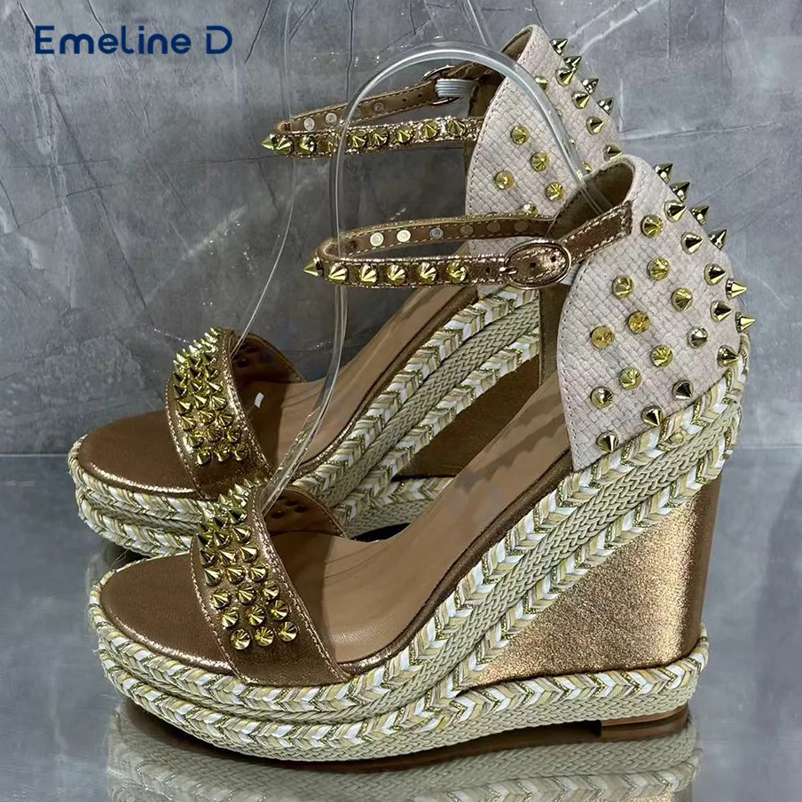 

Gold Studded One-Strap Espadrille Sandals with Back Heels Round-Toed Wedge-Heeled High-Heeled Sandals Elegant Women's Shoes