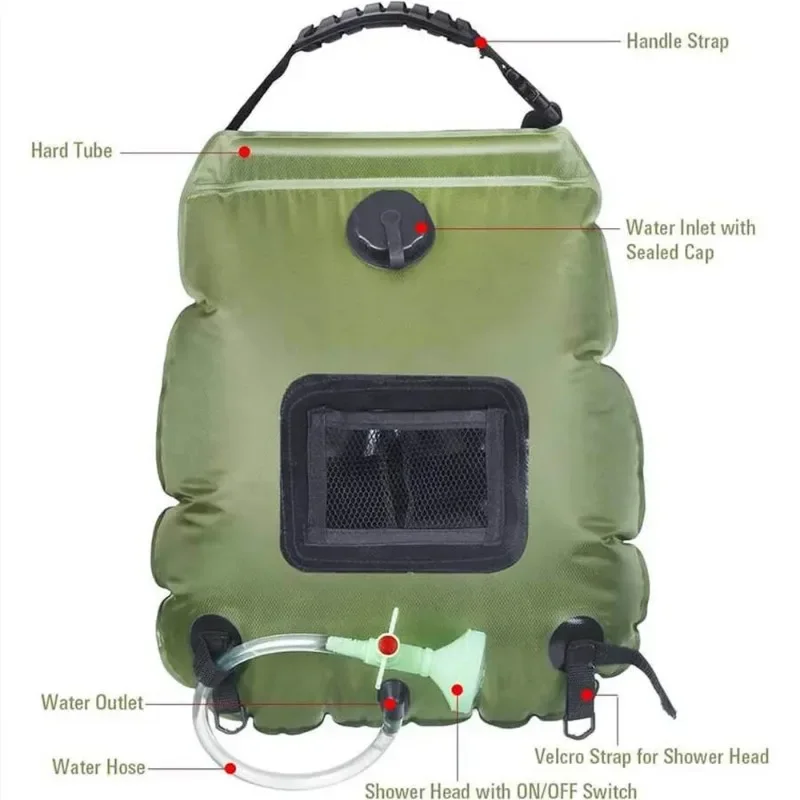 Torba prysznicowa na energię słoneczną 20 l Zewnętrzne ogrzewanie słoneczne Premium Camping Torba prysznicowa Temperatura gorącej wody 45 ° C ze zdejmowaną głowicą prysznicową węża