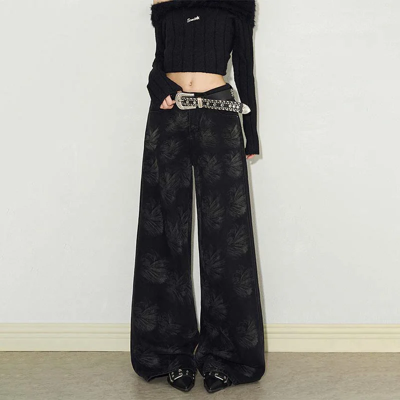 

Женские черные джинсы с принтом листьев, широкие, с высокой талией, свободные, повседневные, модные, оверсайз, длиной в пол