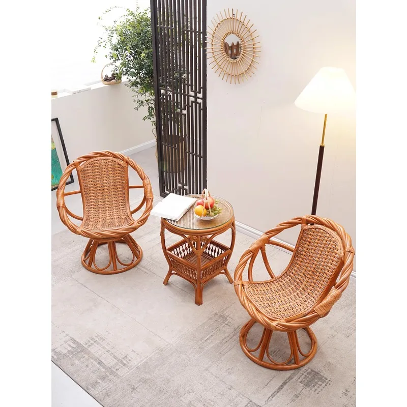 Natural real rattan chair three-piece set balcony leisure table coffee table combination household single backrest swivel chair