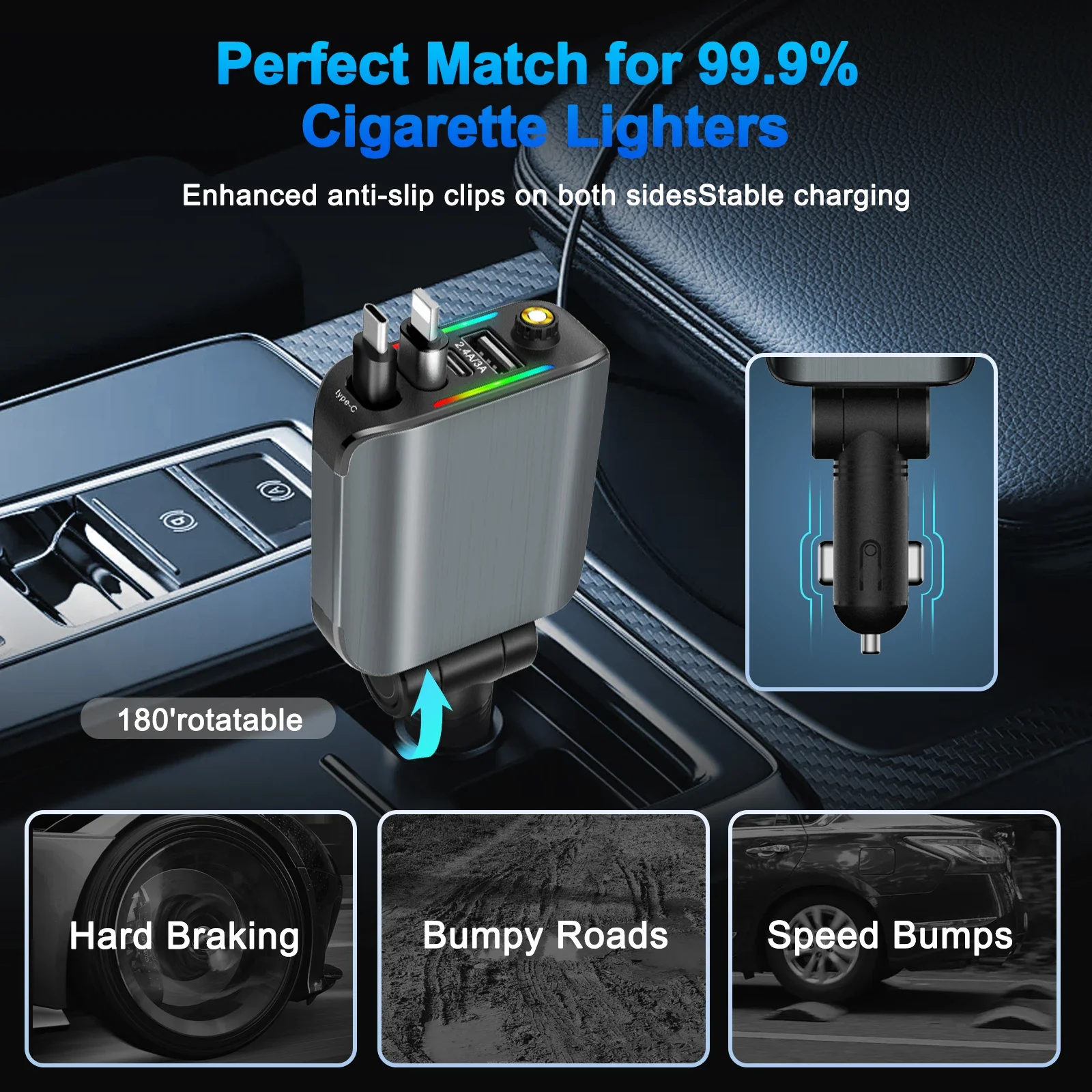 Upgraded 120W Retractable USB C Car Charger,New Starry Sky 4 in 1 Starlight Projection in Car Fast Charging Car Charger Adapter