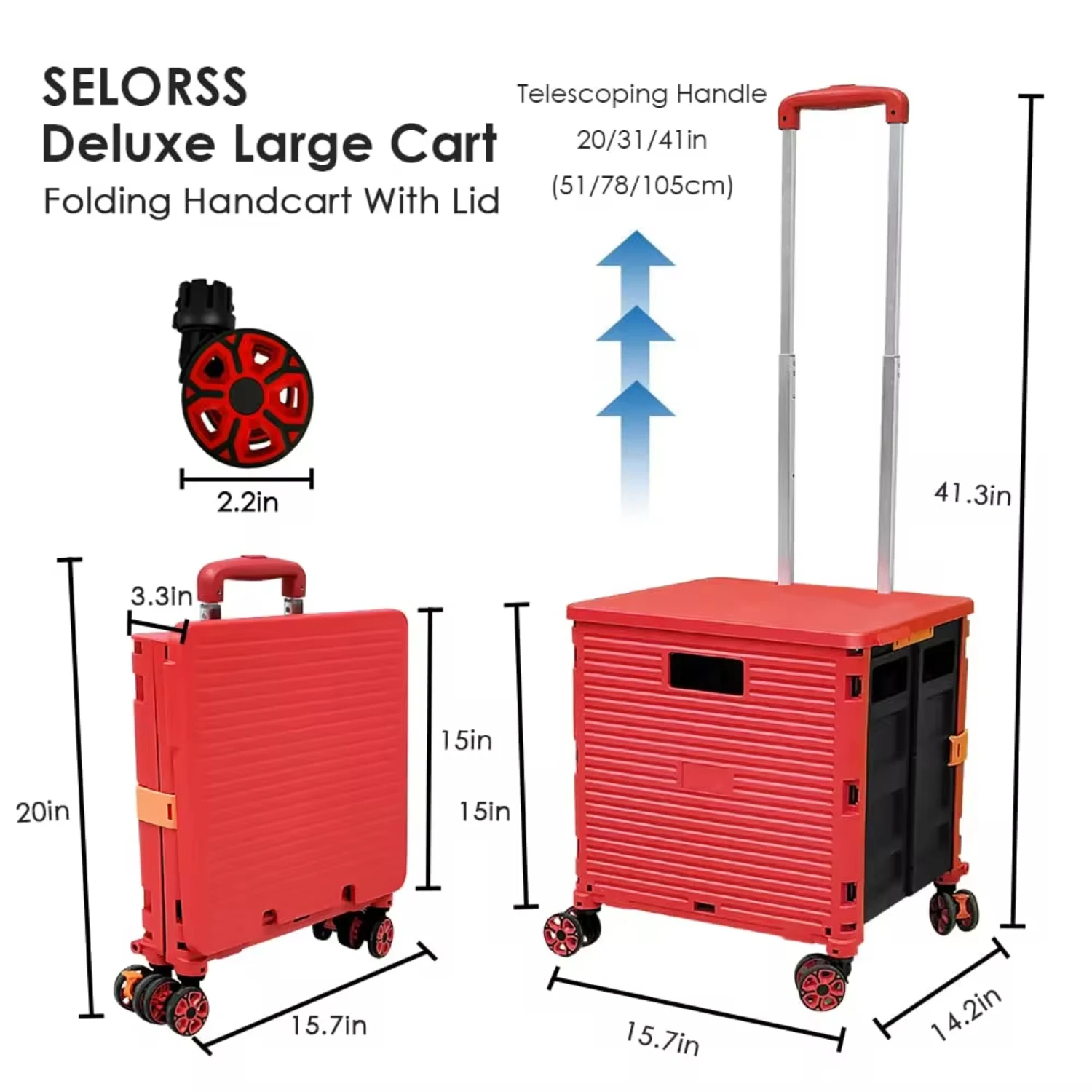 SELORSS-Chariot Utilitaire Pliable avec Couvercle, Caisse Portable, mir Roulant, Rotation à Degrés d'Usage, Utilisation Shopping