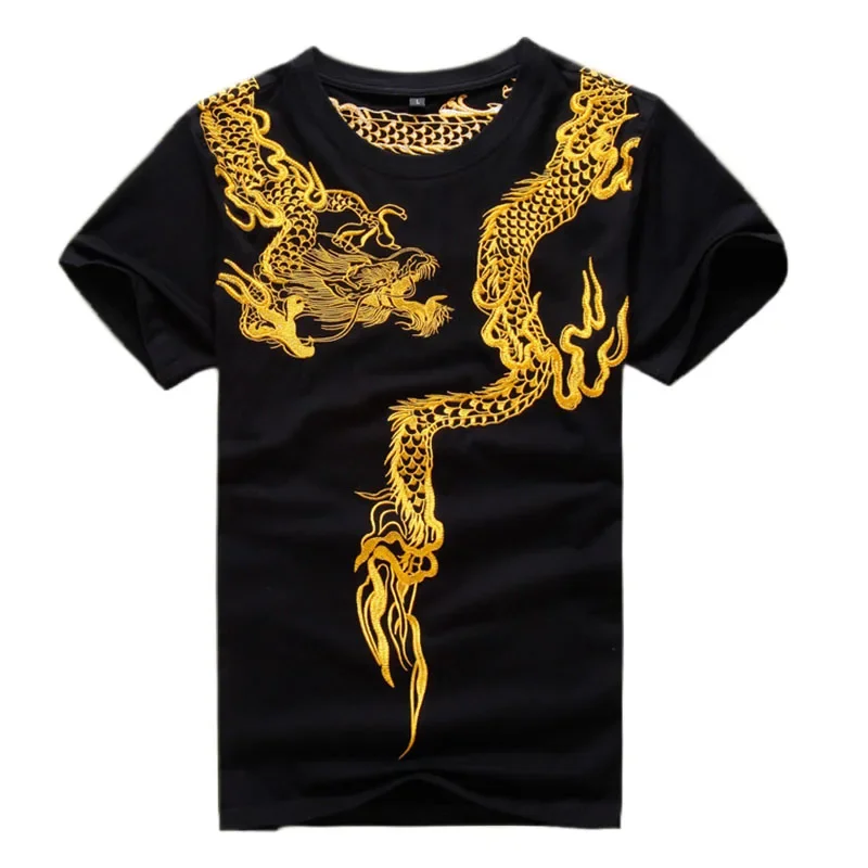 

Мужская хлопковая футболка с вышивкой Golden Dragon, новинка 2025 года, повседневные летние топы, футболки с короткими рукавами, черные/белые