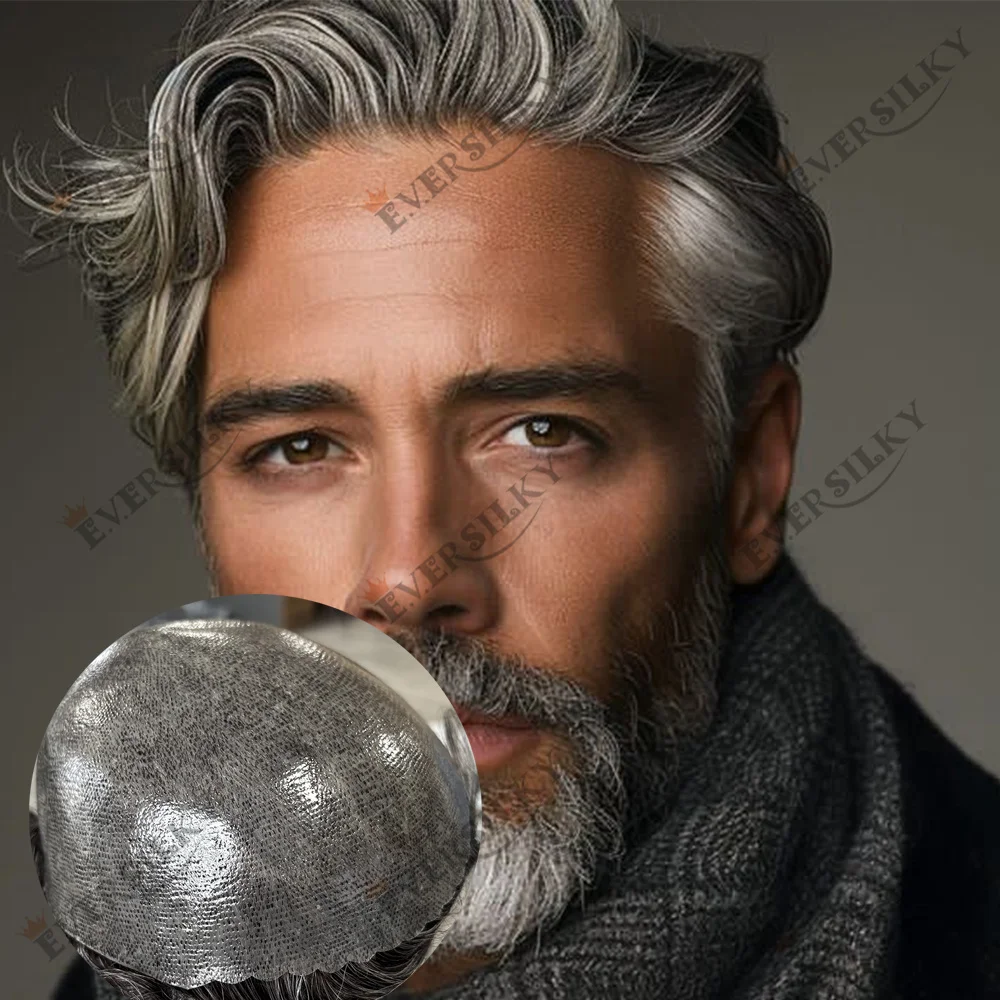 شعر مستعار للرجال 1b80 #   1B65 رمادي 0.1 مللي متر حقن كامل بولي ريمي ريمي الهندي أنظمة استبدال الشعر البشري الذكور الشعر الاصطناعي الشعرية #1