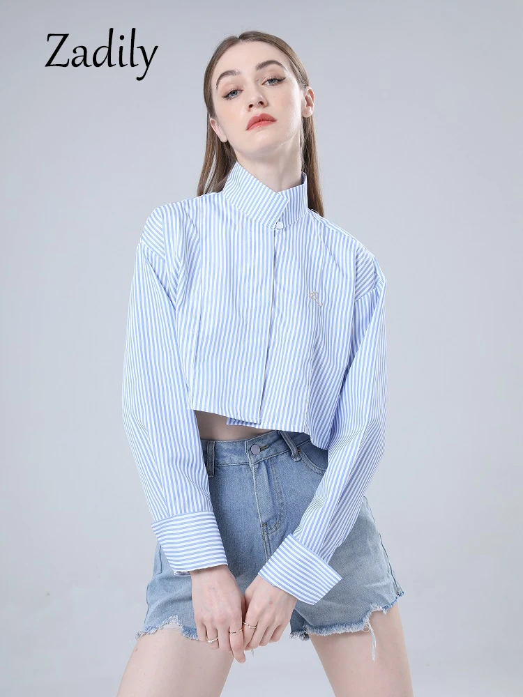 

Long Sleeve Striped Shirt Korean Style Button Up Stand Neck Crop Tops Embroidery Ladies Blouse Streetwear Clothing Sumer 2024