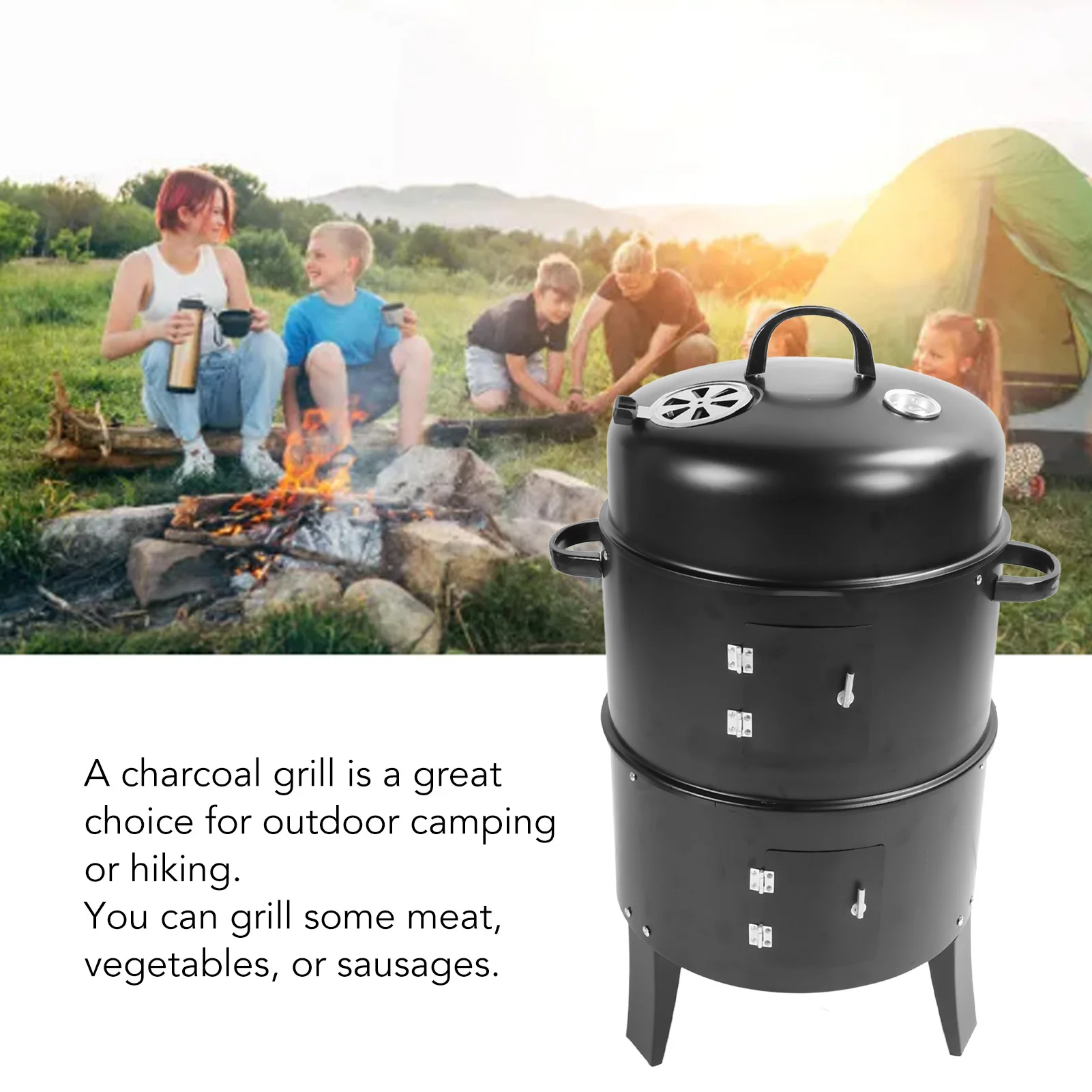 Vertical Charcoal Smoker 3 in 1 3 Layer Grill Barbecue Smoker BBQ Grill with Thermometer for Cooking