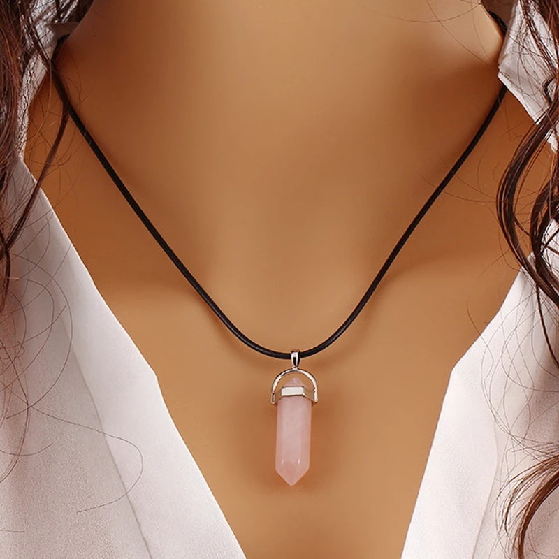 Natural stone Opal lapis amethyst Pink Crystal Stone Hexagonal Column Pendant Necklaces Leather Chains Necklace Fashion Jewelry