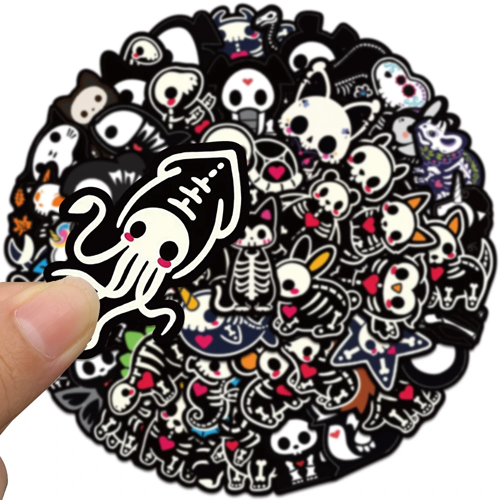 50pcs Black White Cartoon Animals Skeleton Skull Stickers Cute Horror Water Bottle Sticker Luggage Laptop Guitar Vinyl Decals