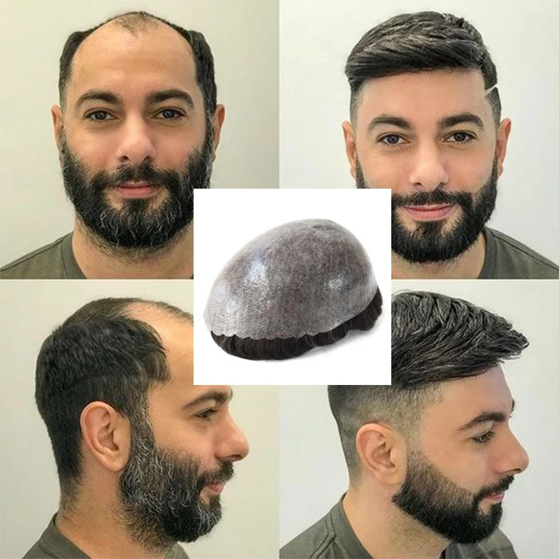 Peruca injetada por máquina marrom para homens, base da pele, cabelo humano PU completo, sistema de substituição de toupee, cabelo remy indiano, 30mm, onda