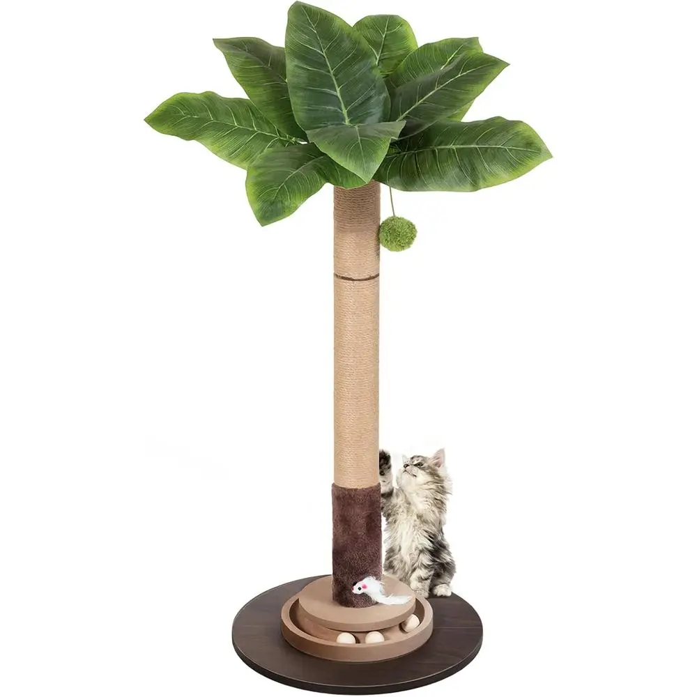 

35-Inch Sisal Rope Cat Scratching Post with Palm Leaf Design and Hanging Toys for Kittens and Adult Cats