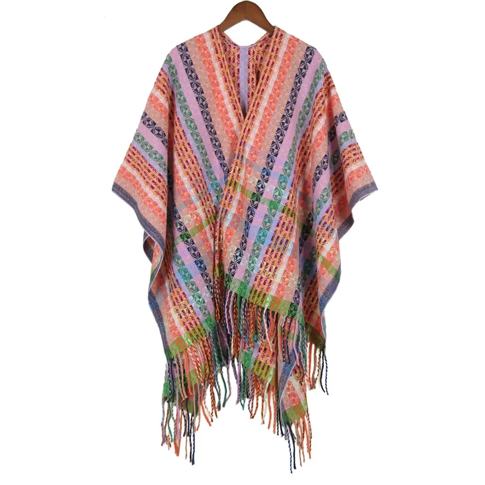 Elegant Bohemian Mongolian Poncho Ethnic Style Keep Warm Stripe Tassel Shawl Gradient Color Winter Knitted Cape for Women