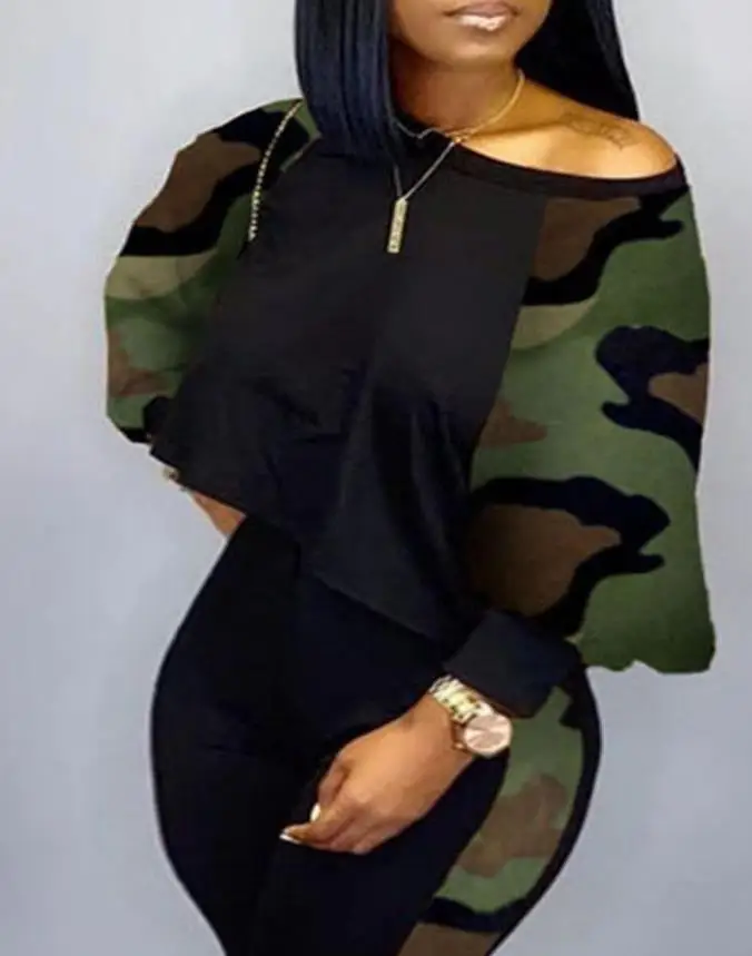 Two Piece Set for Women 2024 Spring Summer New Fashion O-Neck Plus Size Camouflage Print Long Sleeve Top & Pants Set