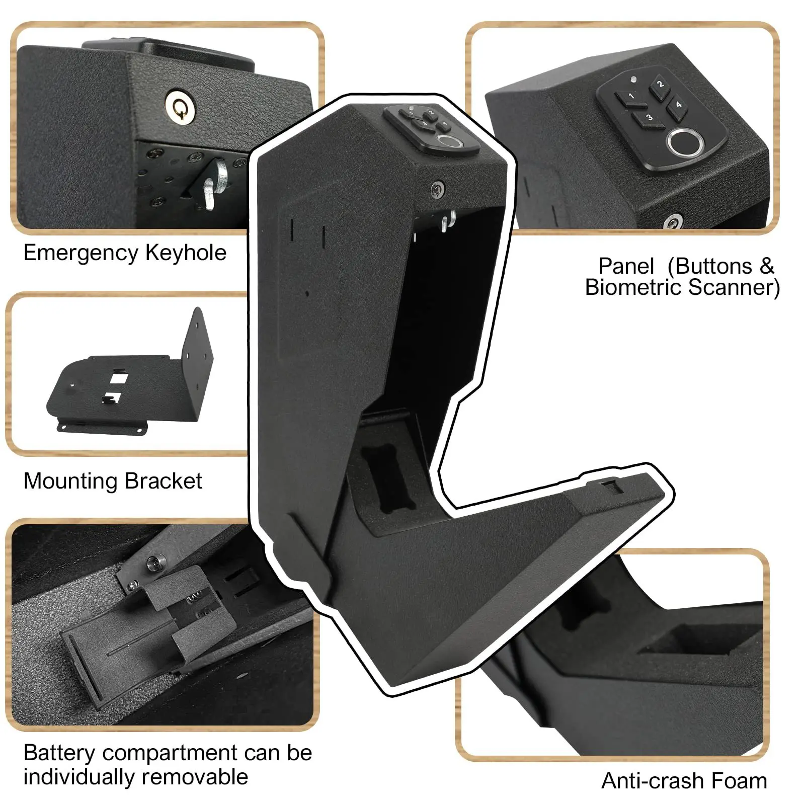 Coffre-fort biométrique pour arme de poing, coffre-fort à accès rapide pour pistolet à main à empreinte digitale domestique, coffre-fort biométrique/clavier/clé, Mode silencieux