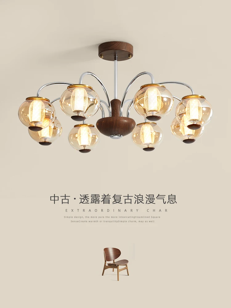 

French Mid-Century Living Room Lamp, American Retro Vintage Dining Room Light, Walnut Wood Pendant Fixture for Study & Bedroom